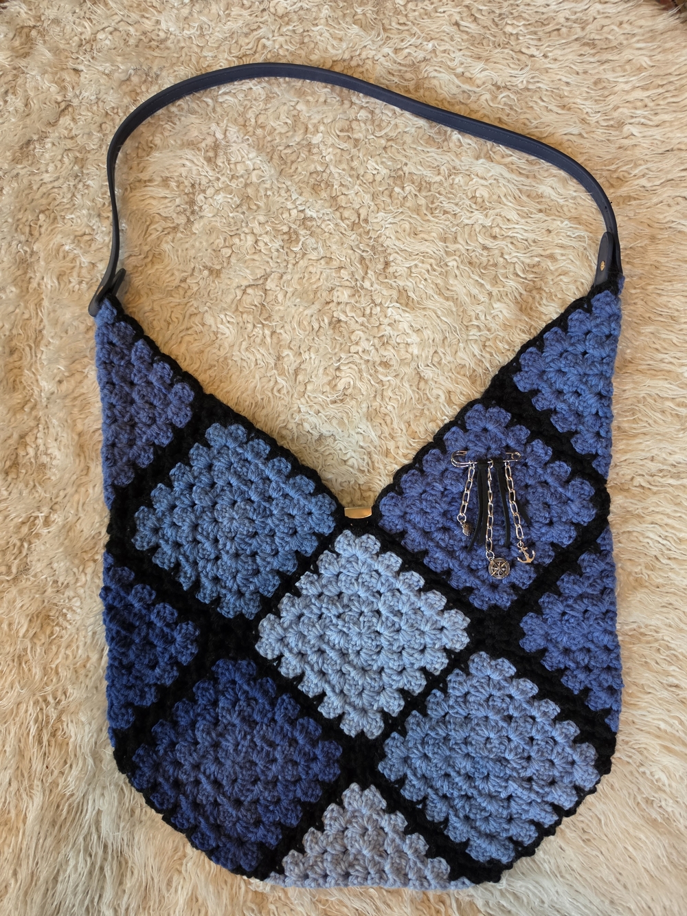 NWT Handmade Crochet "Granny Tote Bag" in Blues with Black Trim